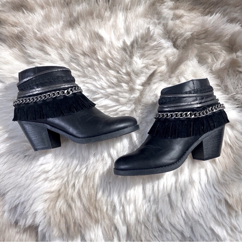Heeled Moto Boots Black Leather + Suede Fringe + Chain Detail